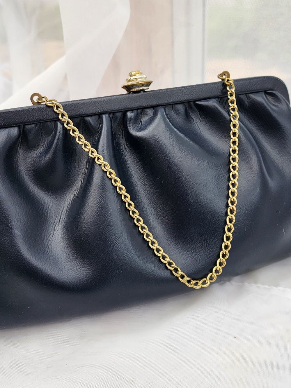 Admiral Vintage Navy Blue Clutch Bag Puckered Formal Classic 50s/60s Chain Strap